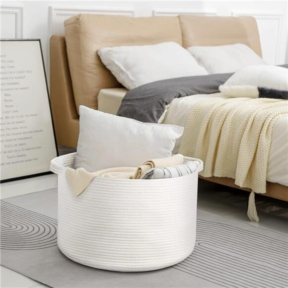 White Rope Storage Baskets,22" X 22" X14" Extra Large Blanket Basket Living Room - Picture 5 of 7
